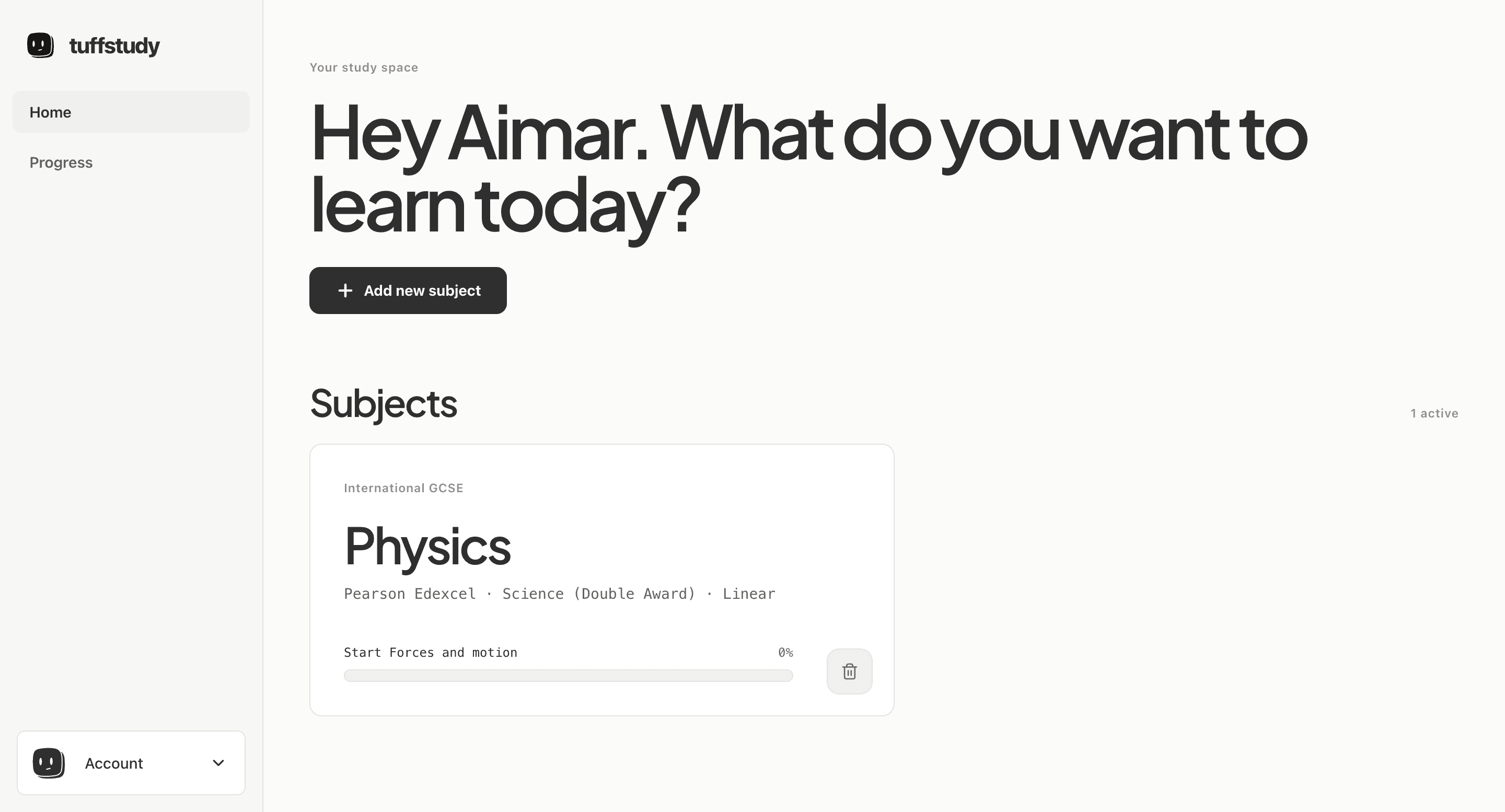 TuffStudy dashboard showing Aimar's Physics subject and next study step